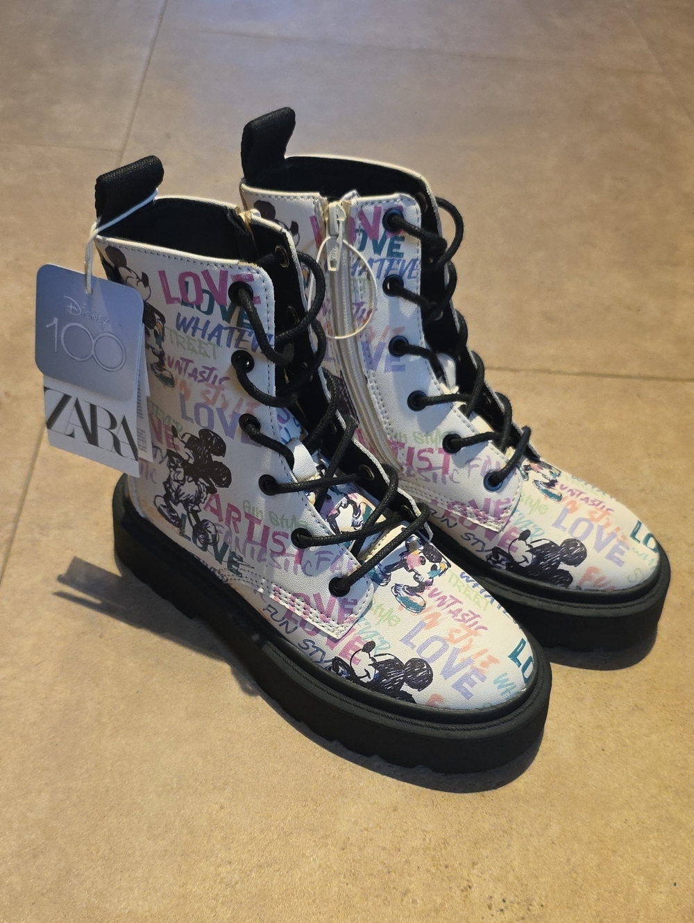 Zara Kids Disney Mickey MouseWhite Graphic Lace-Up Combat Boots with Black Soles